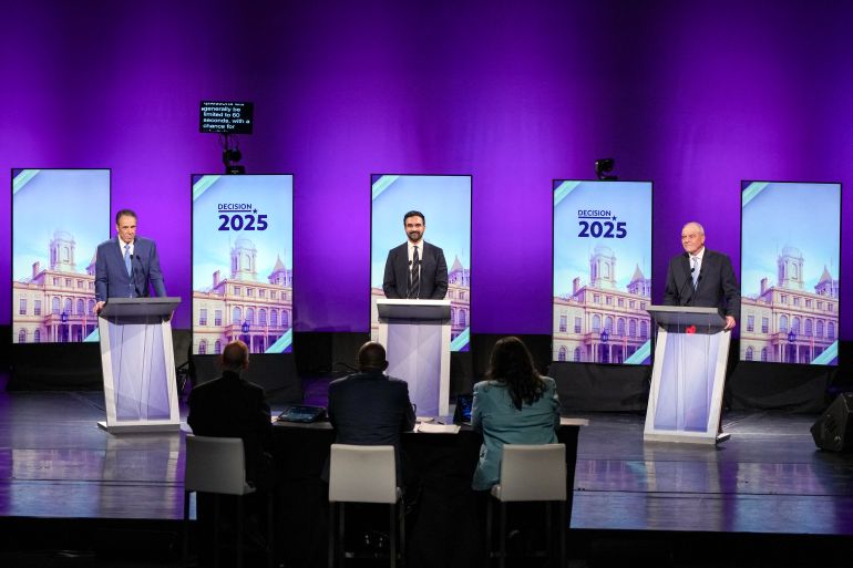 (L-R) Independent candidate and former New York Governor Andrew Cuomo, Democratic candidate Zohran Mamdani and Republican candidate Curtis Sliwa participate in the second New York City mayoral debate at LaGuardia Performing Arts Center at LaGuardia Community College in Long Island City, Queens, New York, on October 22, 2025.