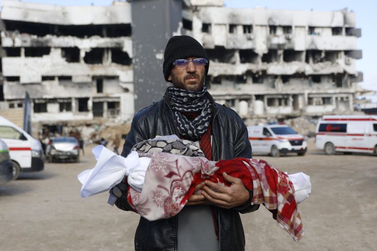 TOPSHOT - The body of three-month-old Palestinian baby Shatha Abu Jarad, who died of cold weather according to medics, is carried by her uncle at Al-Shifa Hospital in Gaza City on January 20, 2026.